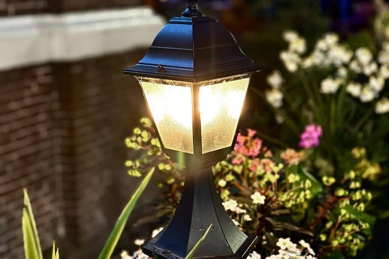 Lit lantern-style post light among flowers in a garden bed at night