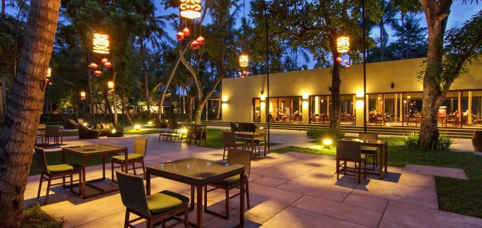 Restaurant patio lit at night